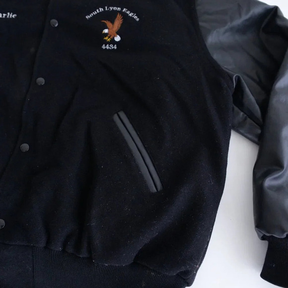 VTG Holloway Black Embroidered S Line Eagles  Leather & Wool Varsity Bomber Coat - Picture 7 of 13